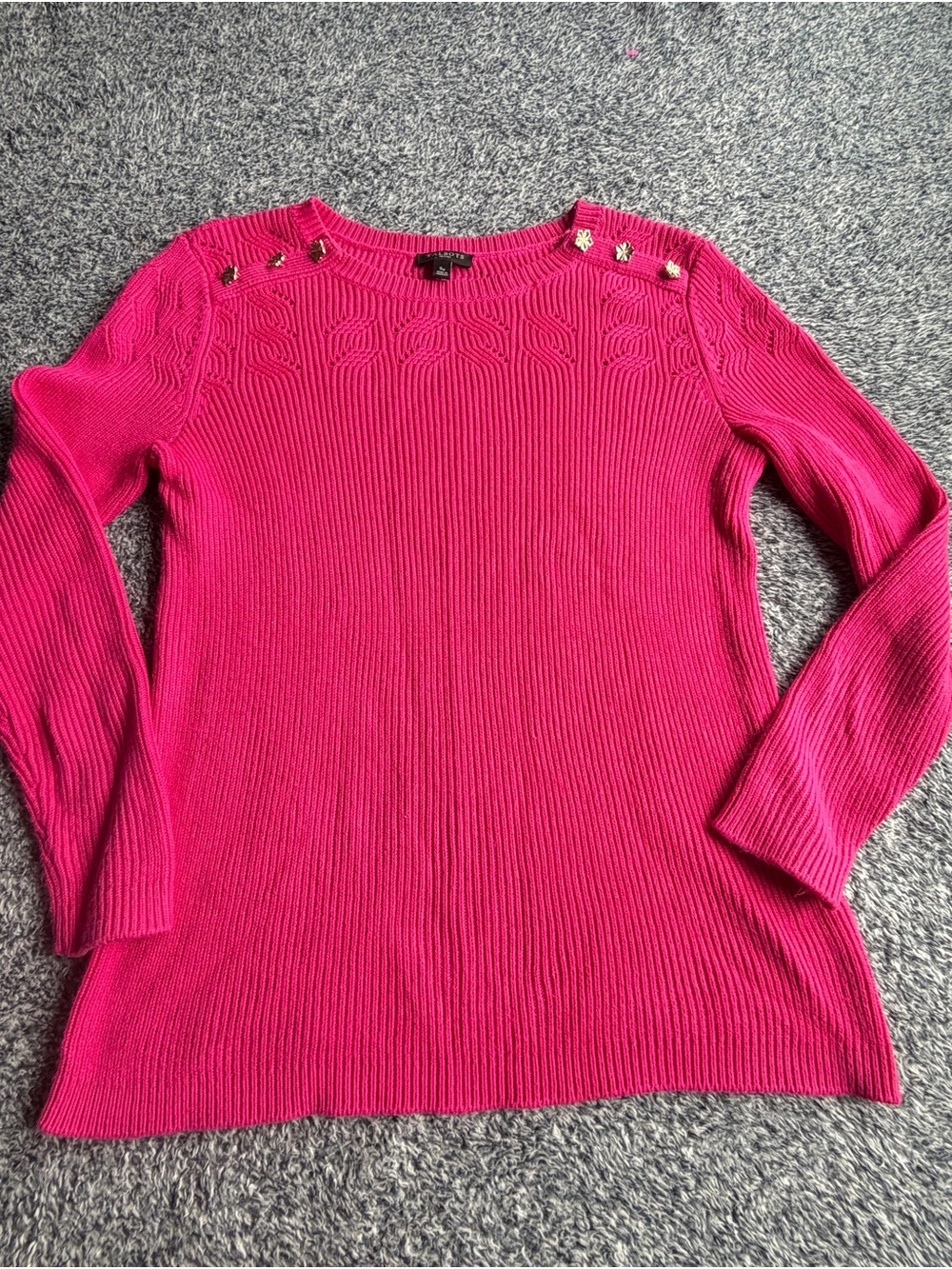 Talbots Hot Pink Crewneck Sweater with Gold Floral Buttons - Picture 3 of 11